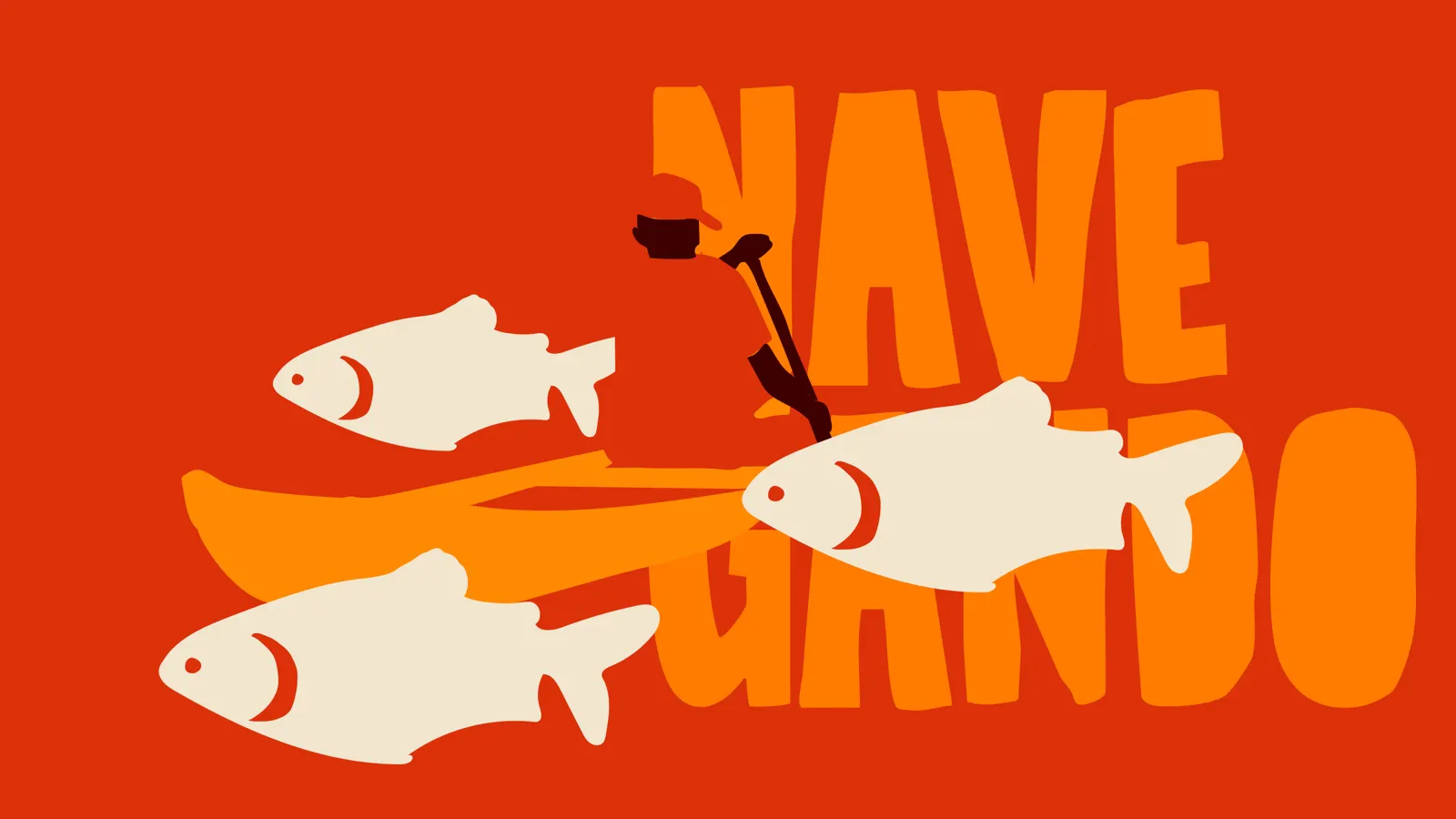 Ilustração de pessoa remando uma canoa entre peixes, com a palavra Navegando