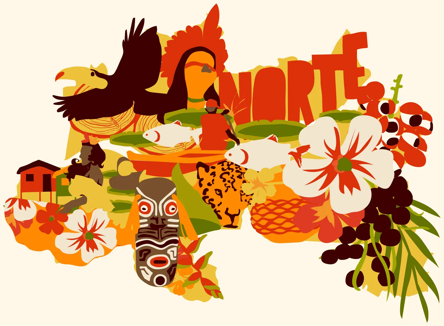 Ilustração com a palavra Norte cercada por fauna, flora, cestaria, máscara e casas ribeirinhas da Amazônia