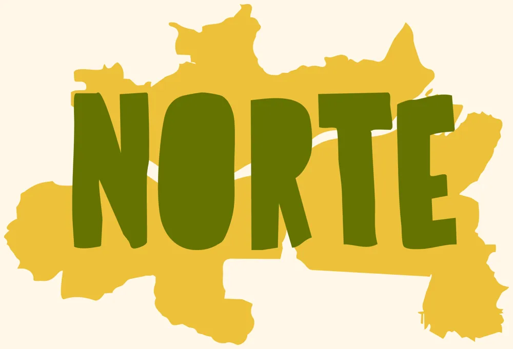 Mapa da Região Norte com a palavra Norte em letras grandes